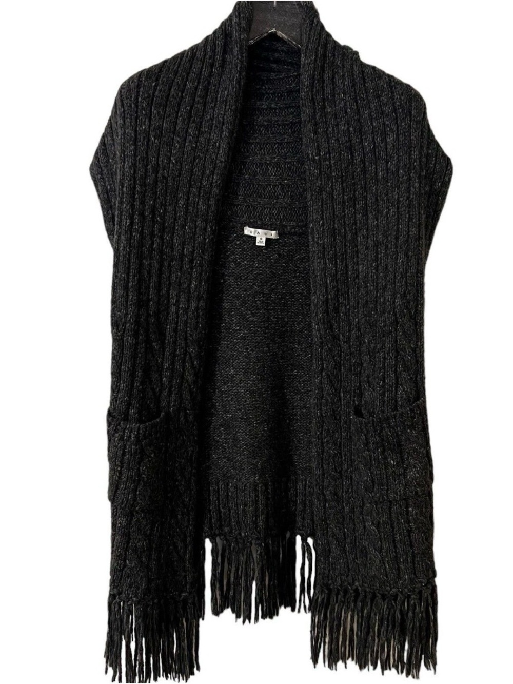 CAbi #163 Charcoal Gray Boho Fringe Long Sweater Duster Vest - Size Small